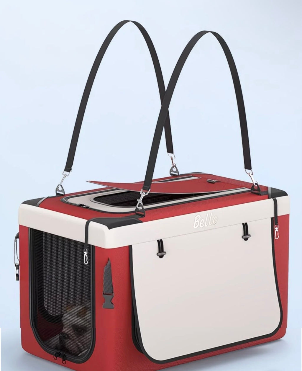 Detached red cabin used as shoulder carrier bag with pet inside