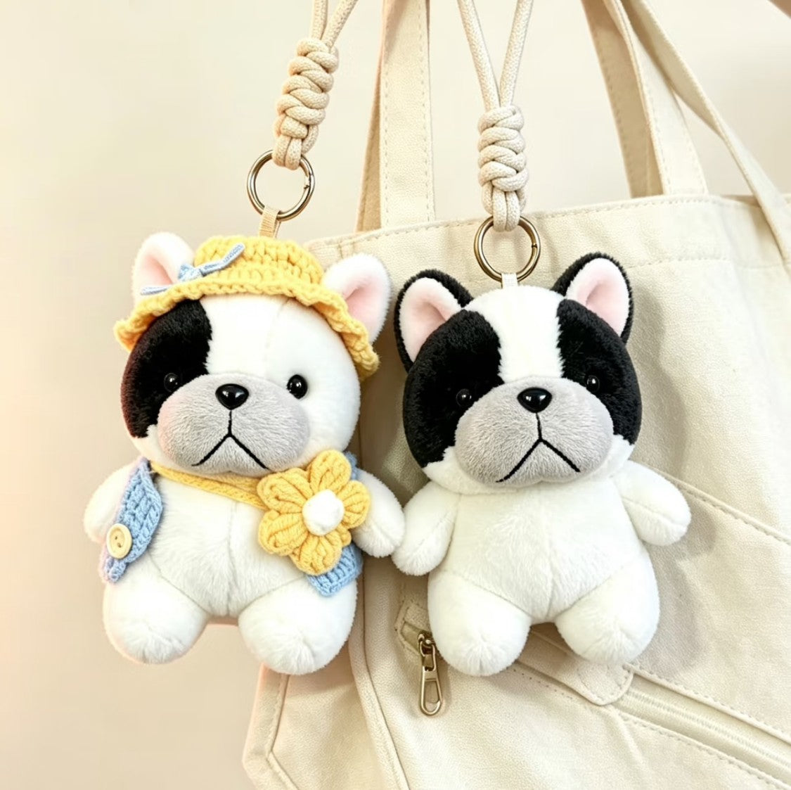 Pied Frenchie plush bag charms on a tote, yellow crochet hat