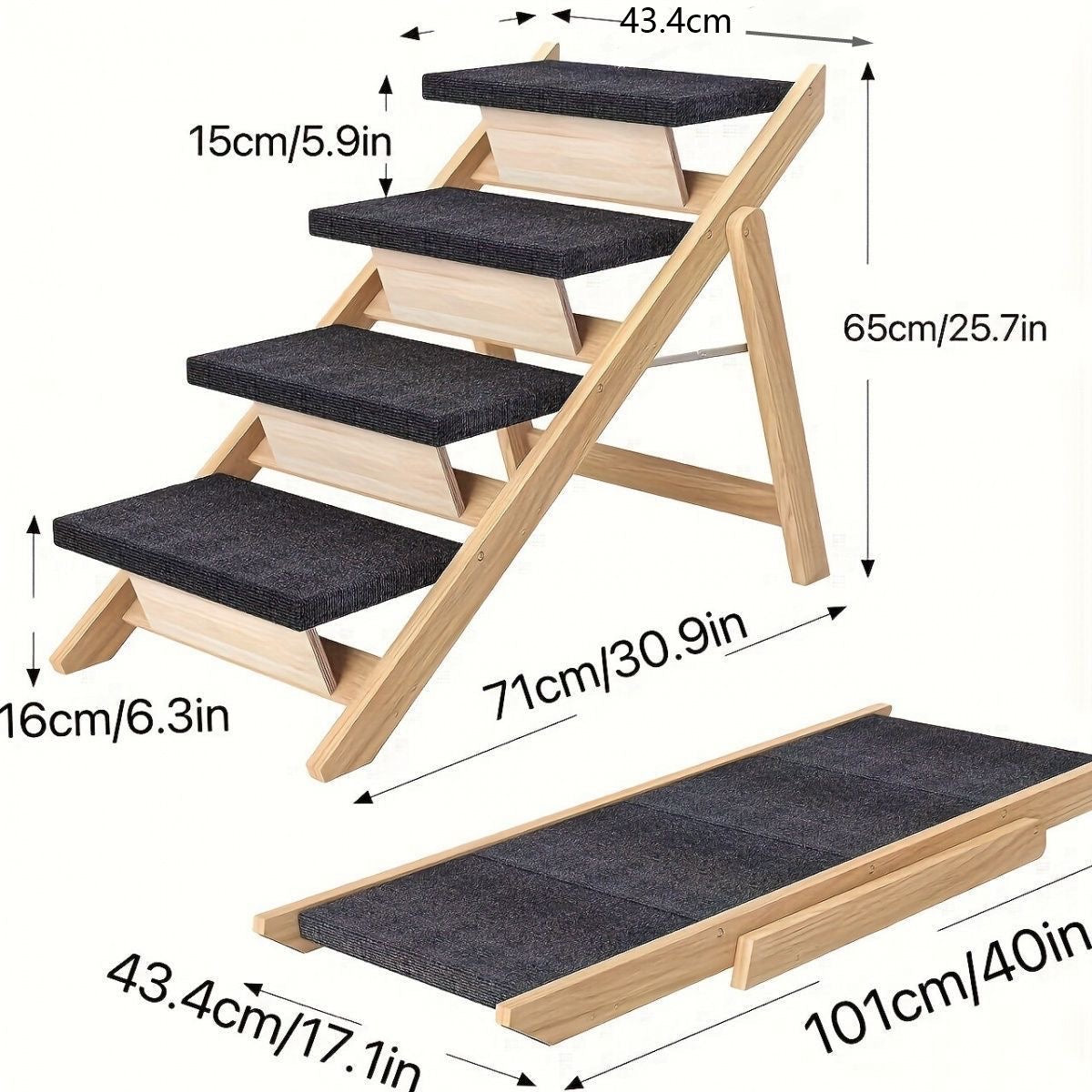 4-step dimensions — height 65 cm / 25.7 in, footprint 71 cm / 30.9 in, folds to 101 cm