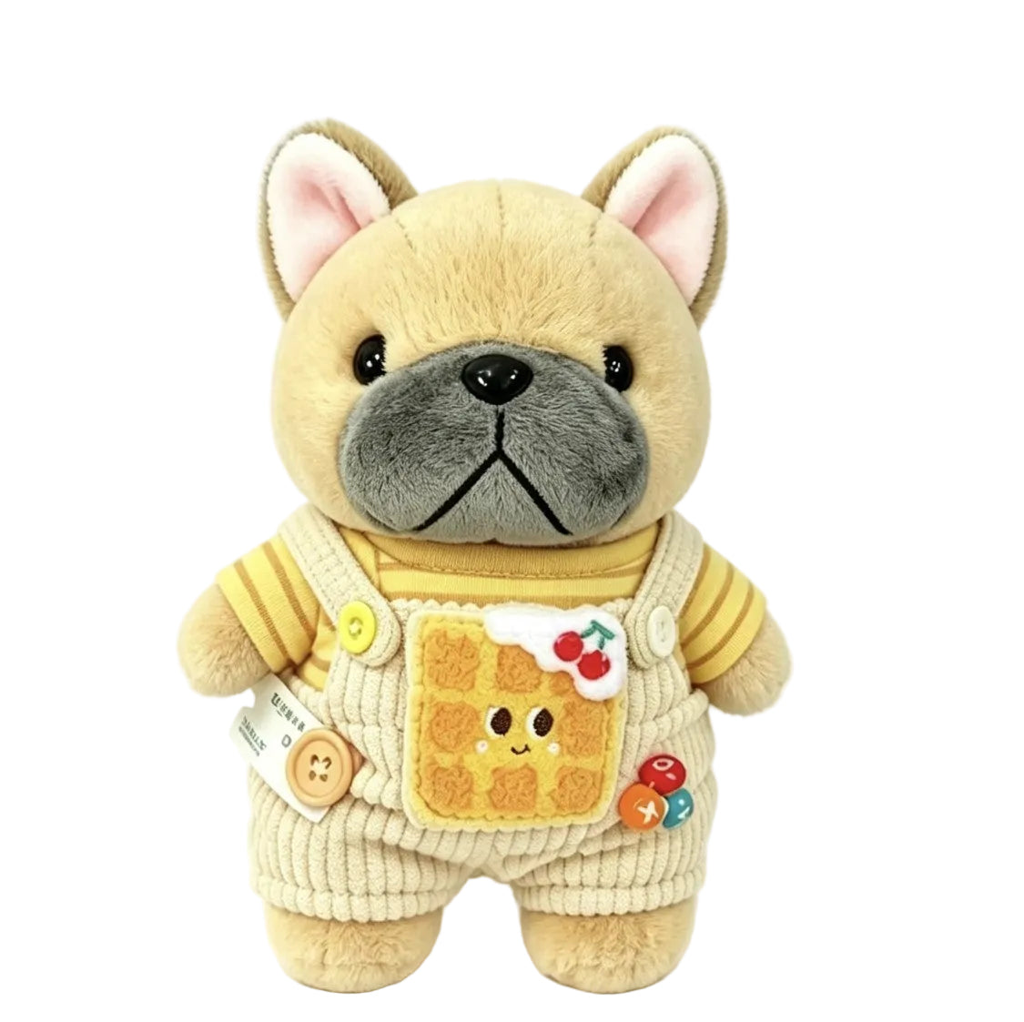 Fawn Frenchie plush bag charm in waffle overalls