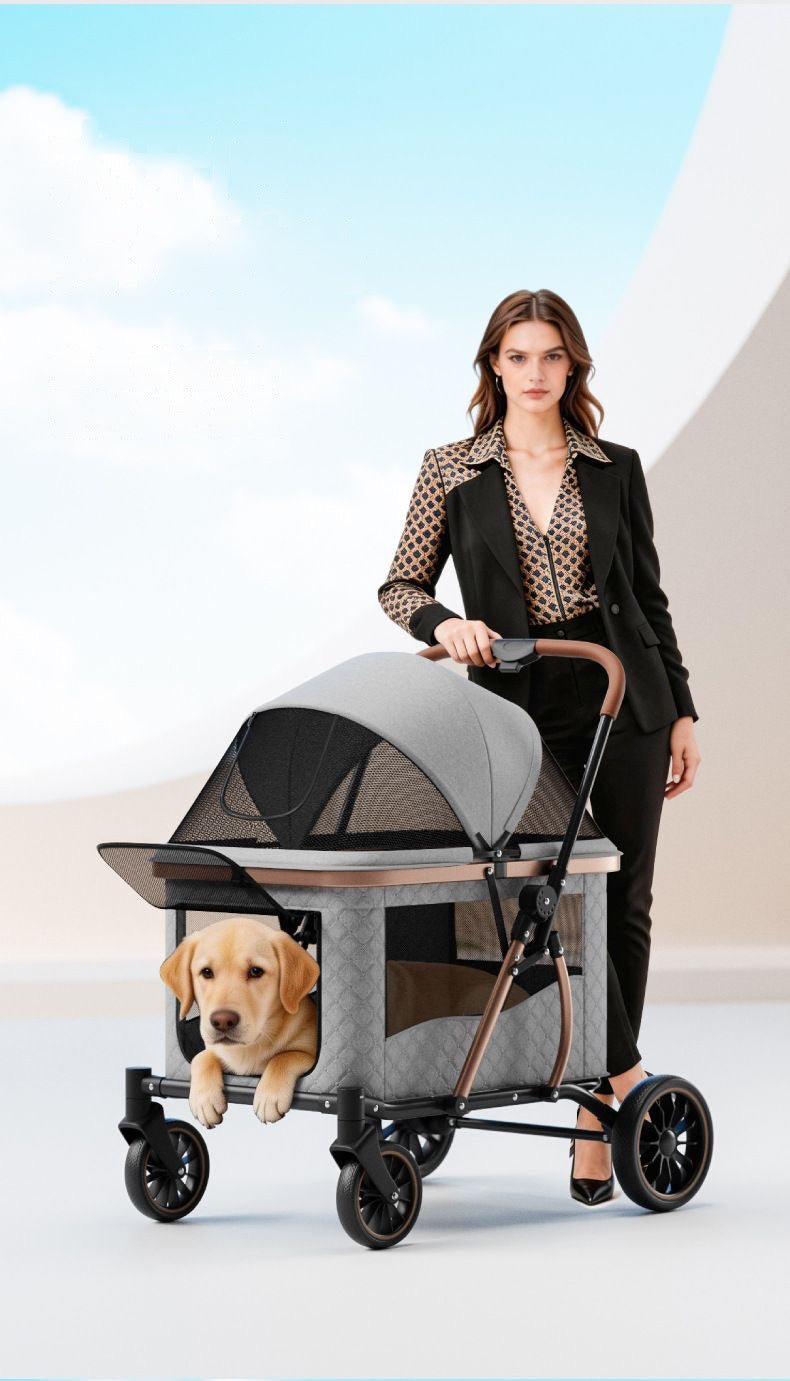 Quilted pet stroller with wide entry