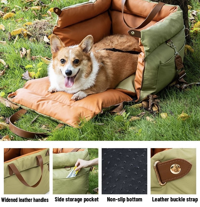 Convertible pet car booster carrier — zip-off design and camping mat details