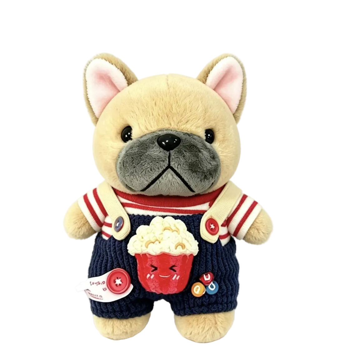 Fawn Frenchie plush bag charm in popcorn overalls