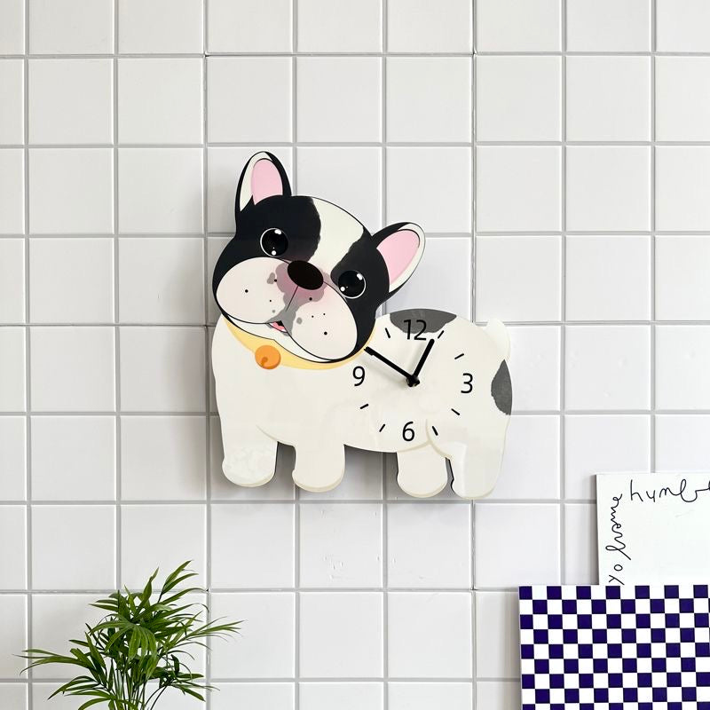 Pied Frenchie pendulum wall clock — full black-and-white silhouette with yellow collar