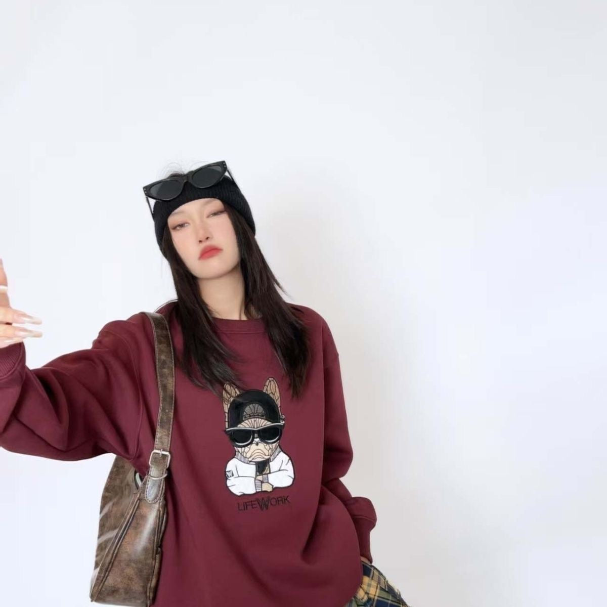Burgundy oversized Cool Frenchie crew sweatshirt — on model
