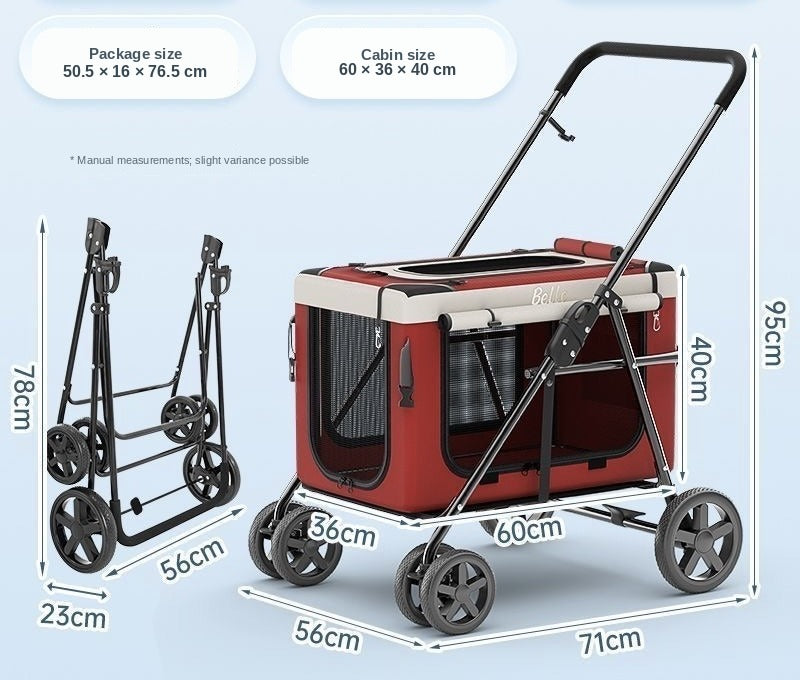 Detachable pet stroller dimensions — package, cabin, unfolded and folded sizes (cm)