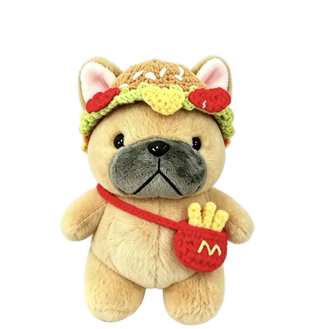 Fawn Frenchie plush bag charm in burger hat and fries pouch