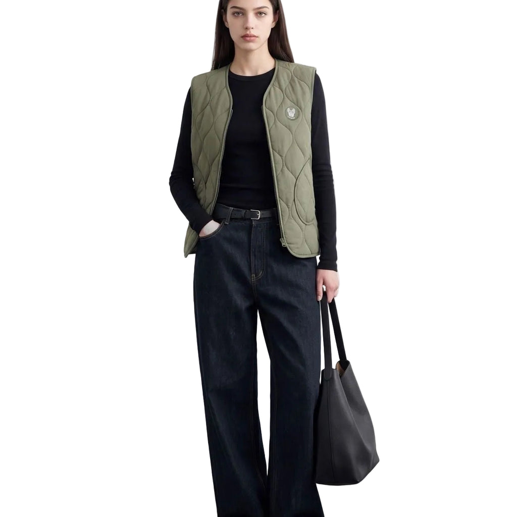 Army Green Frenchie quilted vest — on model