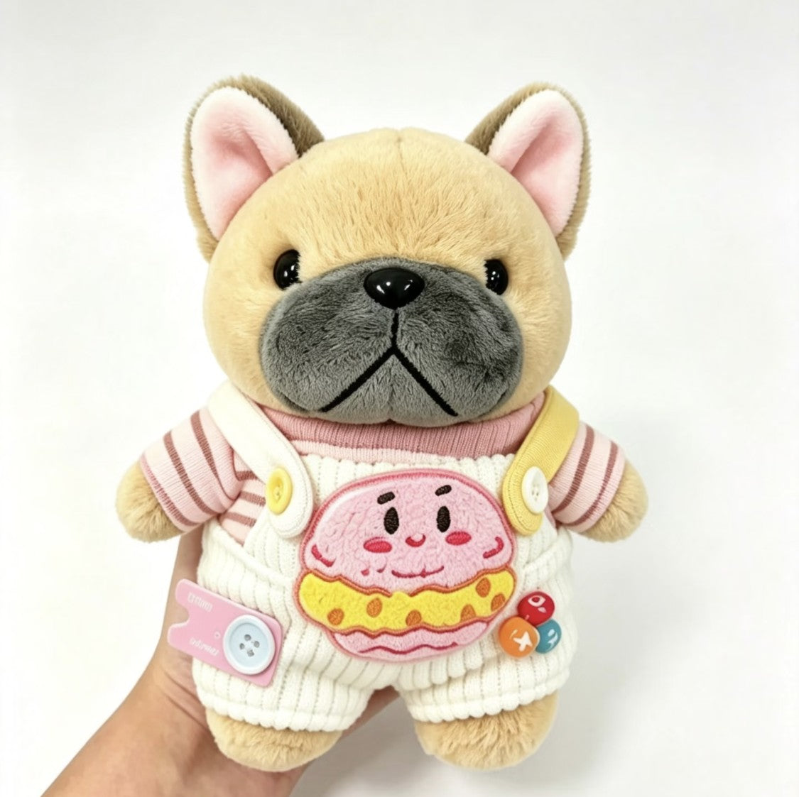 Fawn Frenchie plush bag charm in donut overalls