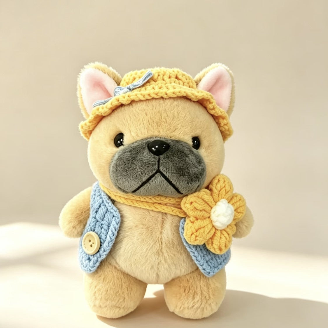 Fawn Frenchie plush bag charm in yellow crochet hat