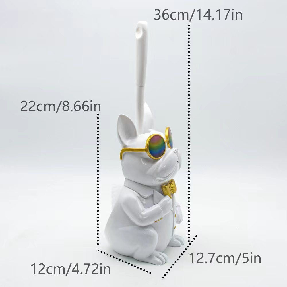 Frenchie toilet brush holder dimensions — total H 36 cm / 14.17 in; holder 22 cm / 8.66 in; W 12 cm / 4.72 in; D 12.7 cm / 5 in