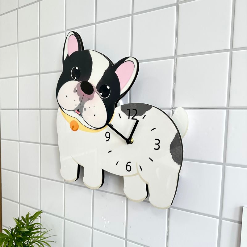 Pied Frenchie pendulum wall clock — three-quarter angle on tiled wall