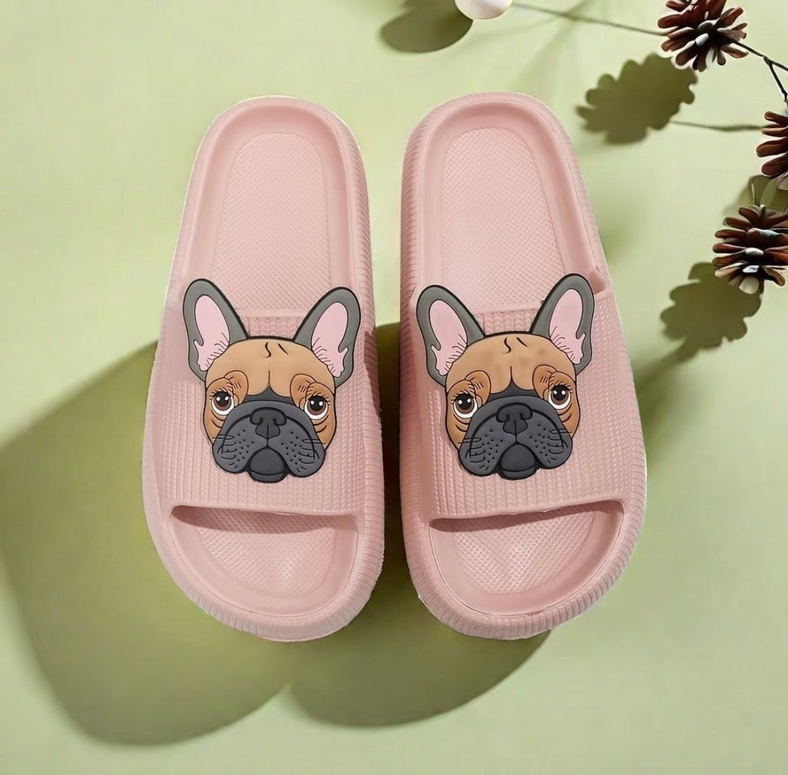 Pink Frenchie cloud slide sandals with French Bulldog face charm