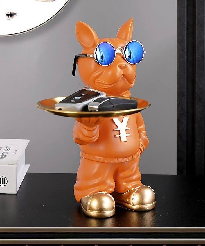 Orange resin Frenchie single valet tray — lifestyle with key fobs