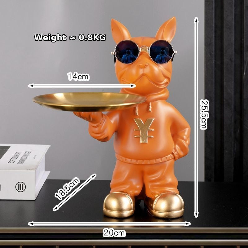 Orange resin Frenchie single valet tray with gold metal tray and English size overlay