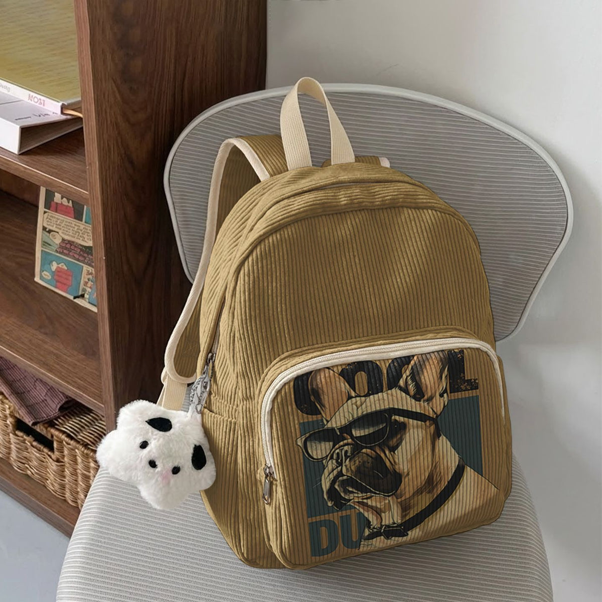 Mustard Frenchie Corduroy Mini Backpack — Cool Dude print on chair