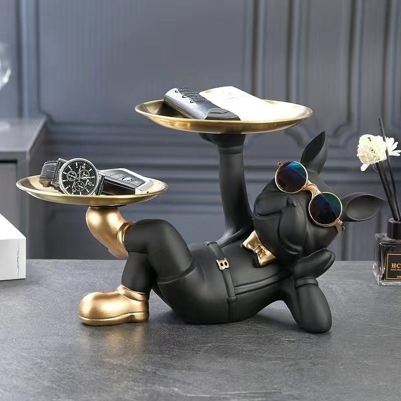 Black resin Frenchie double valet tray with gold-tone trays