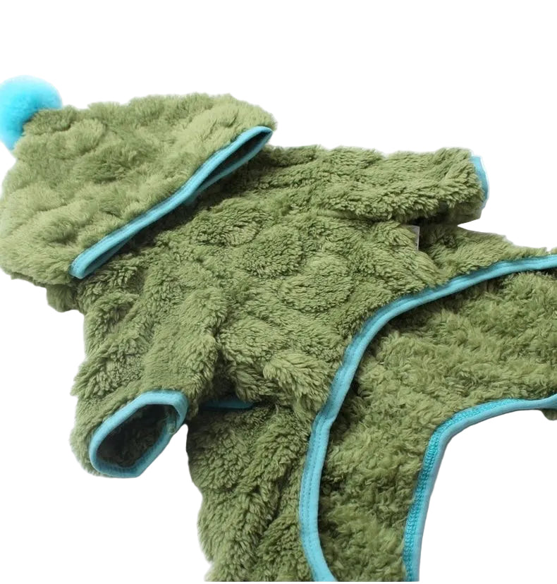 Green plush fleece four-leg hoodie — flat lay