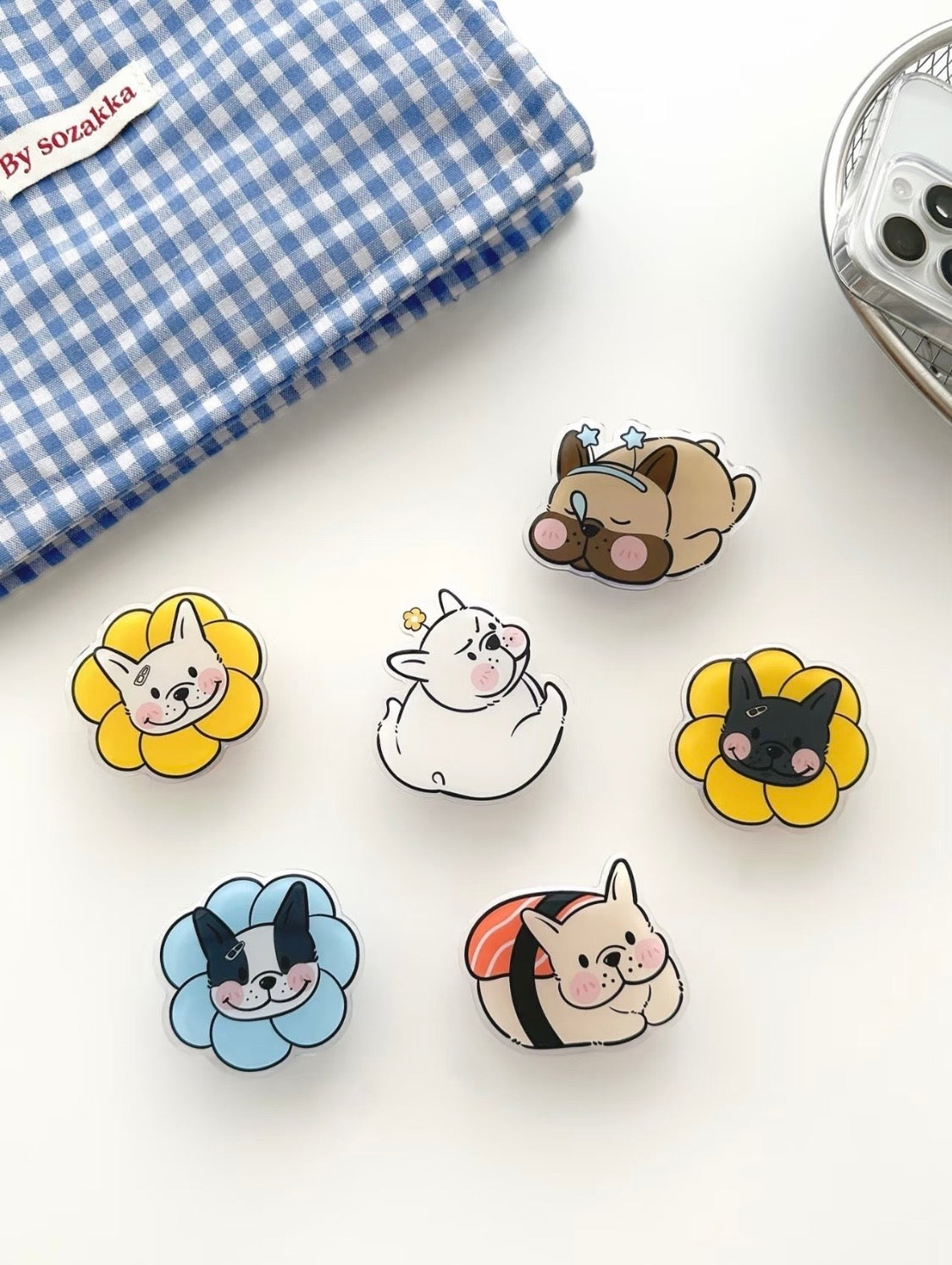 Cute Frenchie acrylic phone grips flat lay — six designs