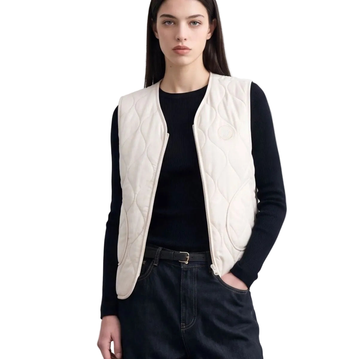 Beige Frenchie quilted vest — on model