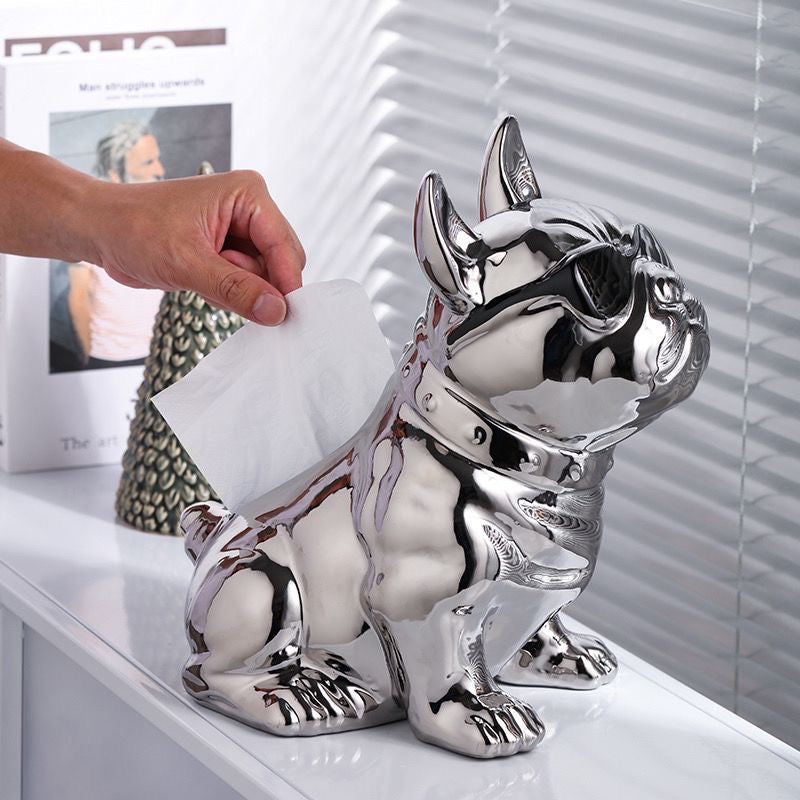 Hand pulling a tissue from the Silver Dapper Frenchie tissue box holder