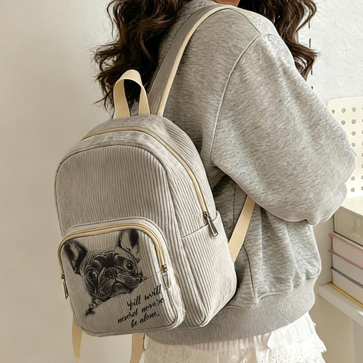 Light Gray Frenchie Corduroy Mini Backpack worn — never-alone sketch print