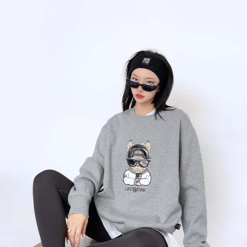 Heather Grey oversized Cool Frenchie crew sweatshirt — on model