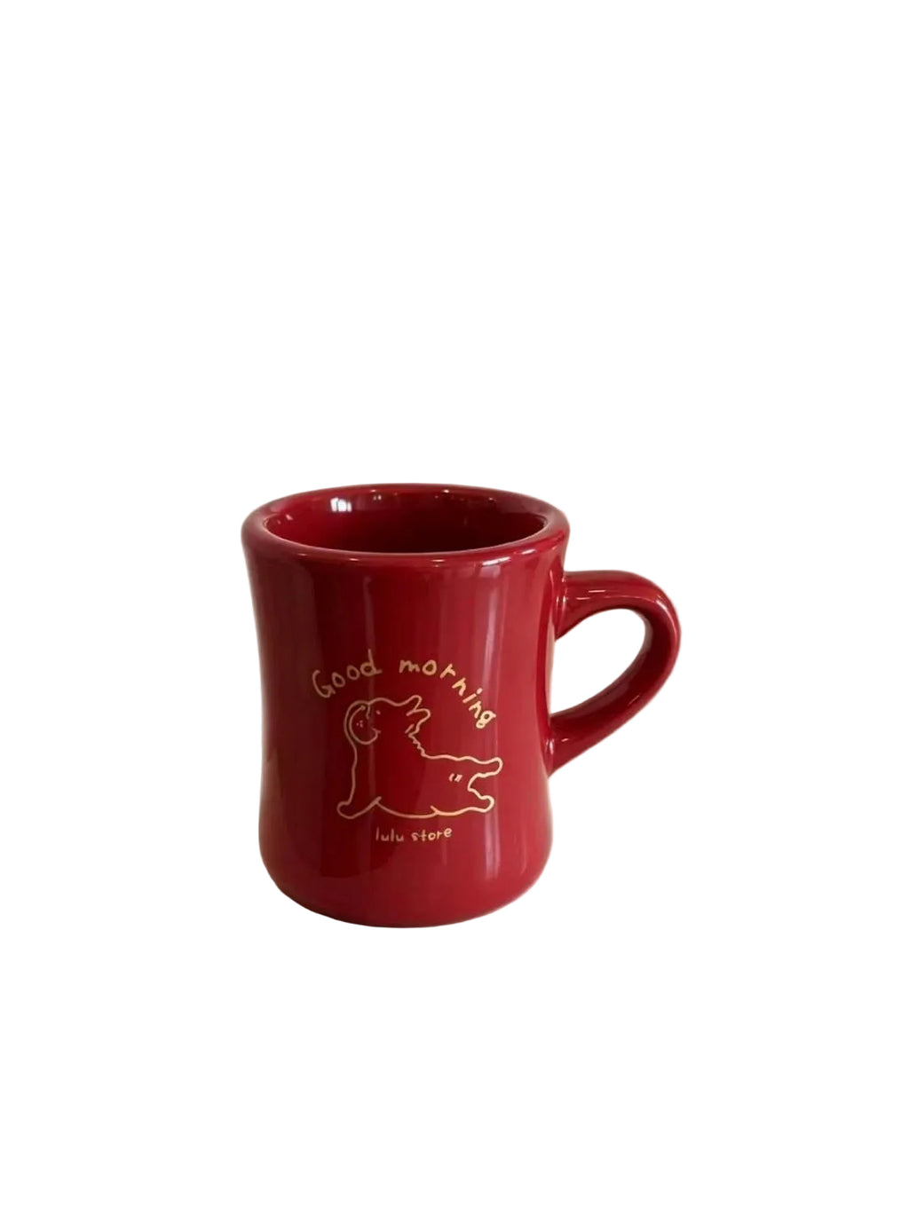 Red Good Morning Frenchie ceramic mug on a shelf
