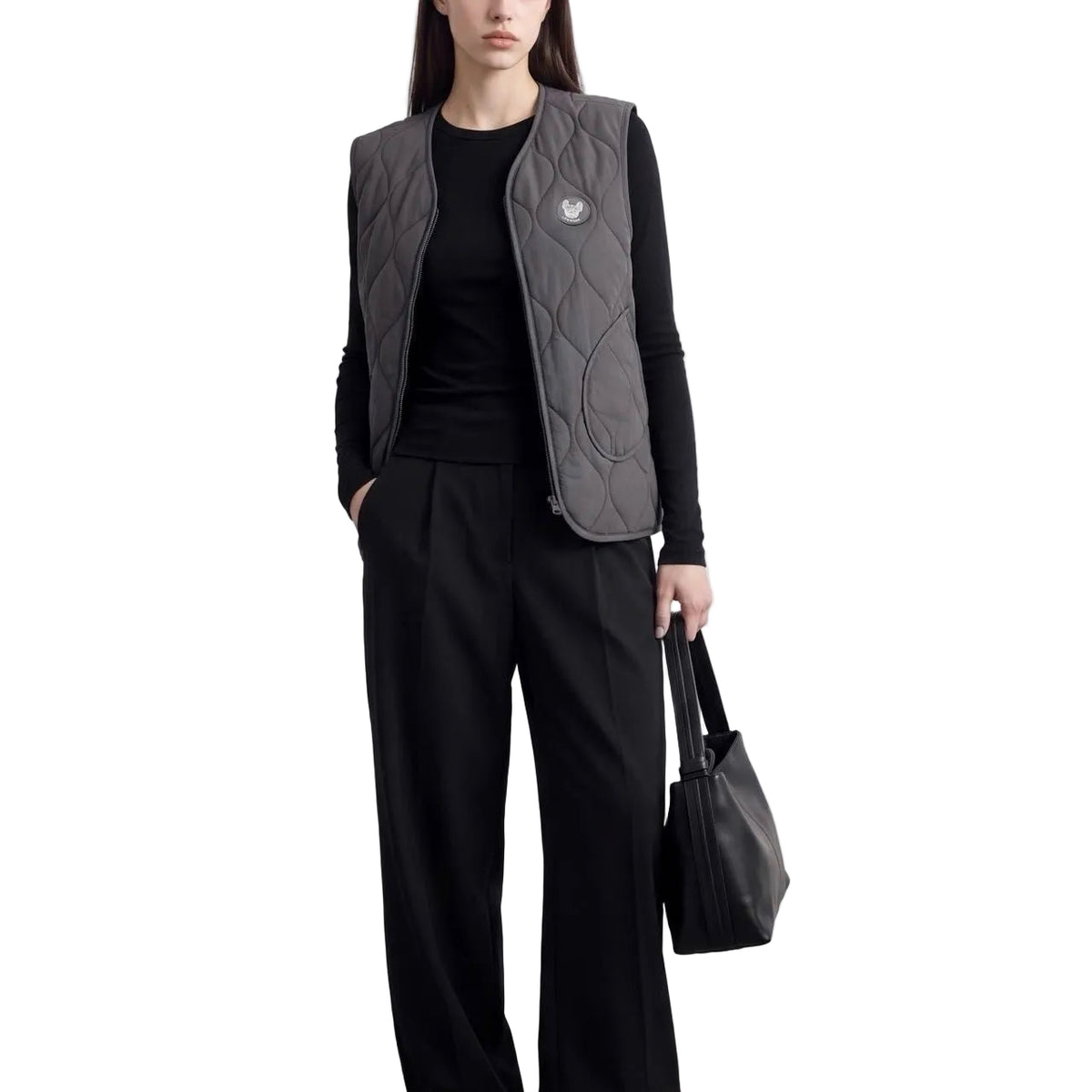 Dark Gray Frenchie quilted vest — on model