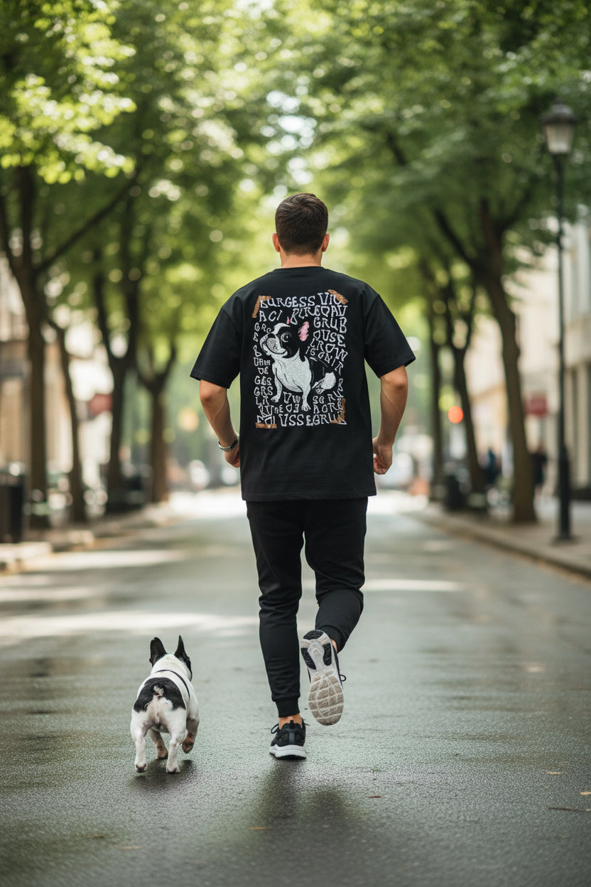 Black oversized Frenchie tee, embroidered back