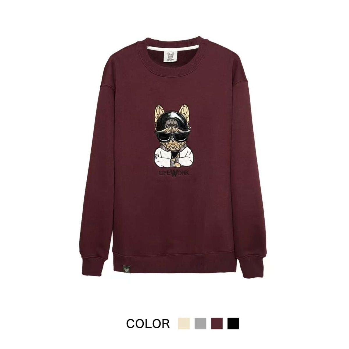 Burgundy Cool Frenchie crew sweatshirt — flat lay with color swatches