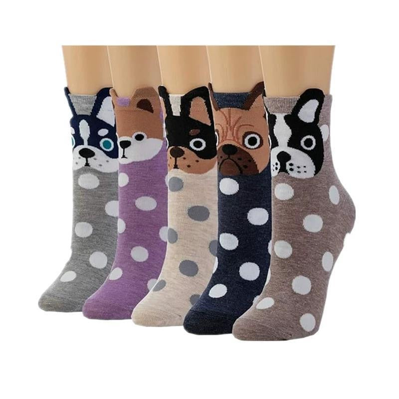 Frenchie polka-dot crew socks — five pairs worn on mannequin legs
