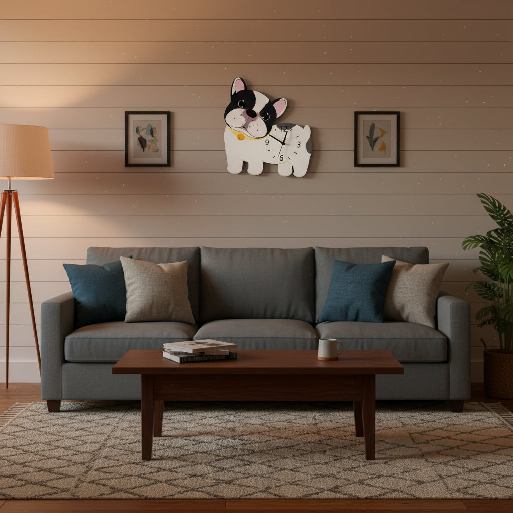 Pied Frenchie pendulum wall clock — straight-on view with clock dial on torso