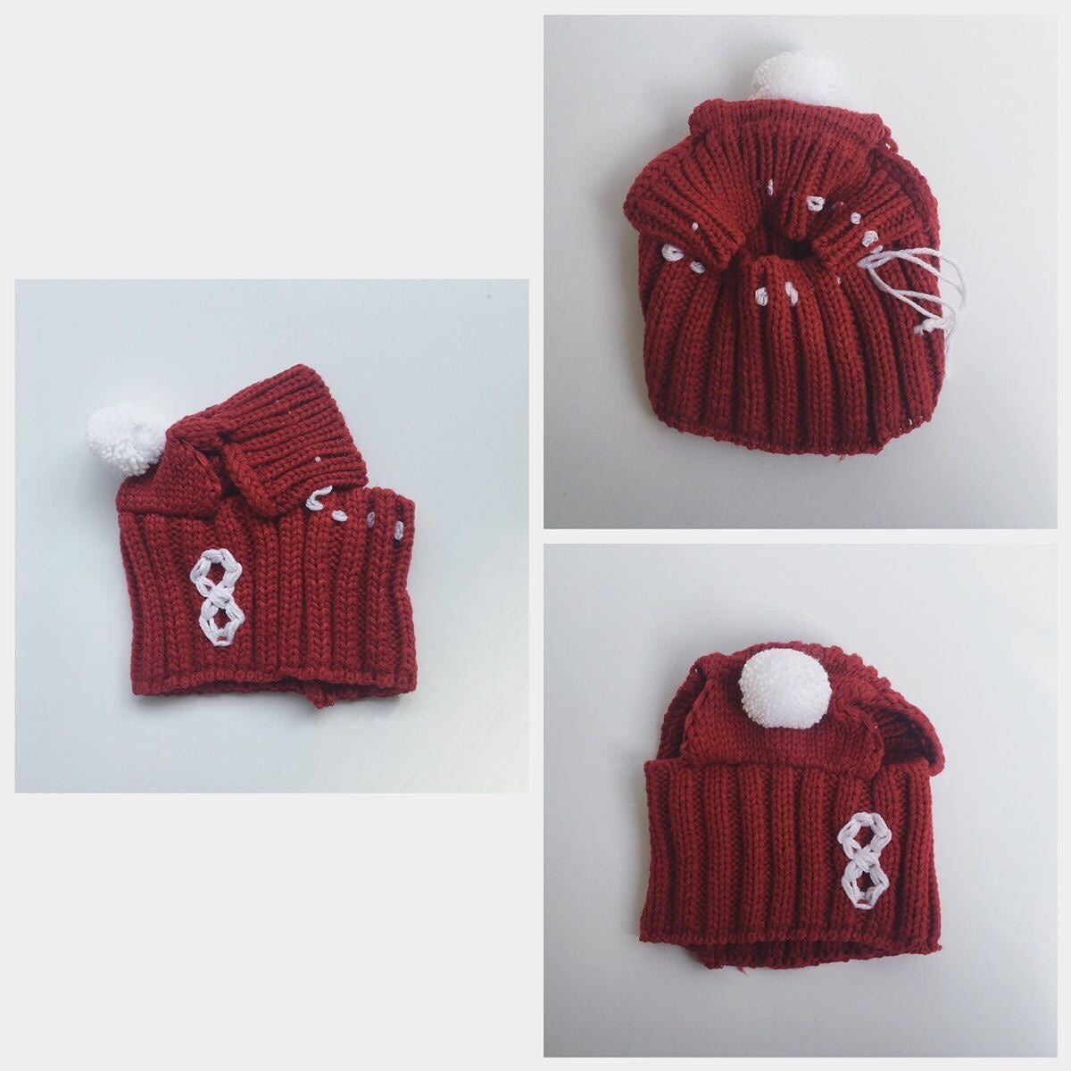 Red Frenchie knit pom-pom hat — multi-angle detail collage