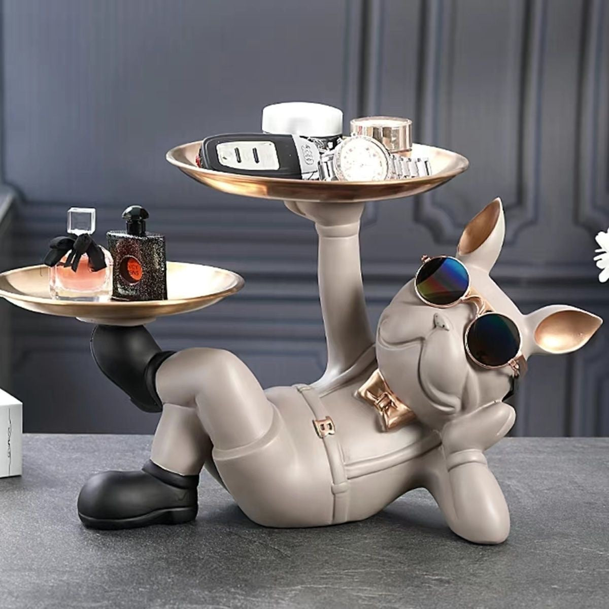 Gray resin Frenchie double valet tray with gold-tone trays