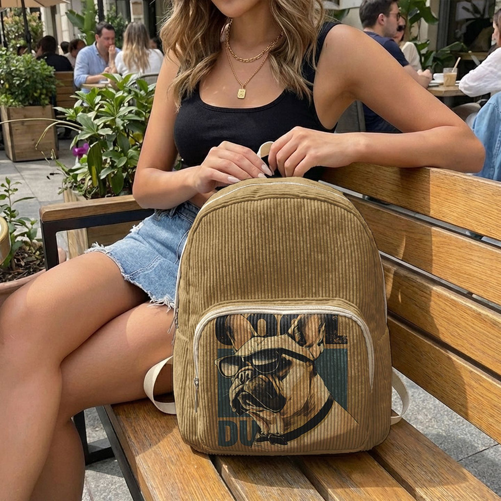 Mustard Frenchie Corduroy Mini Backpack outdoor lifestyle