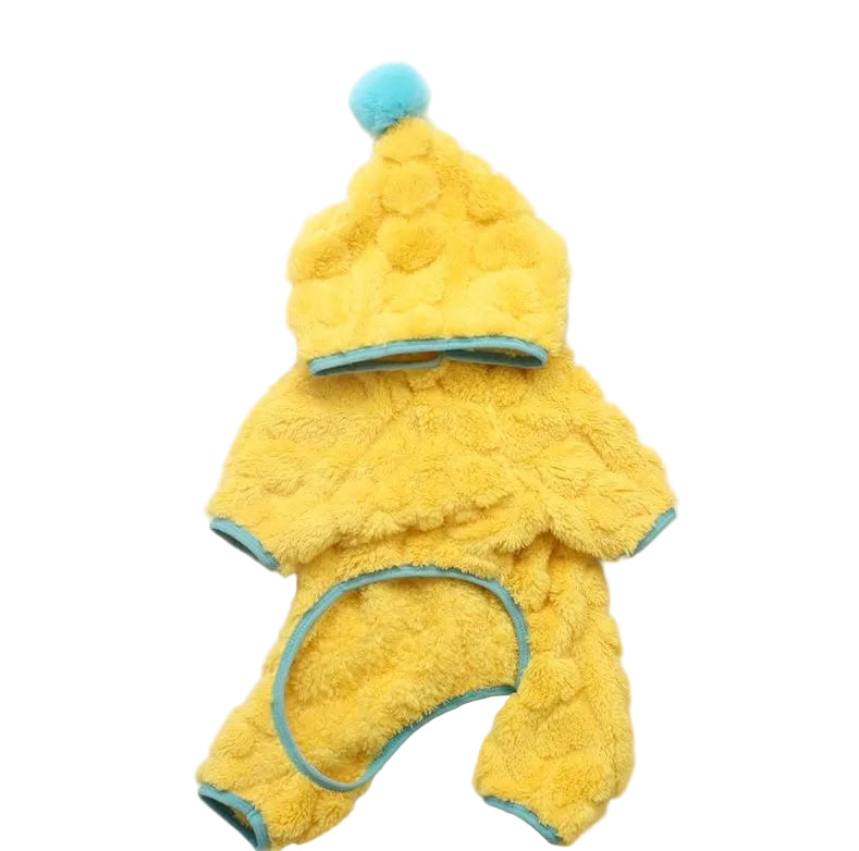 Yellow plush fleece four-leg hoodie — front flat lay
