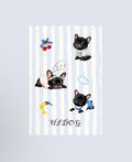Black Frenchie coral fleece blanket, blue and white stripes