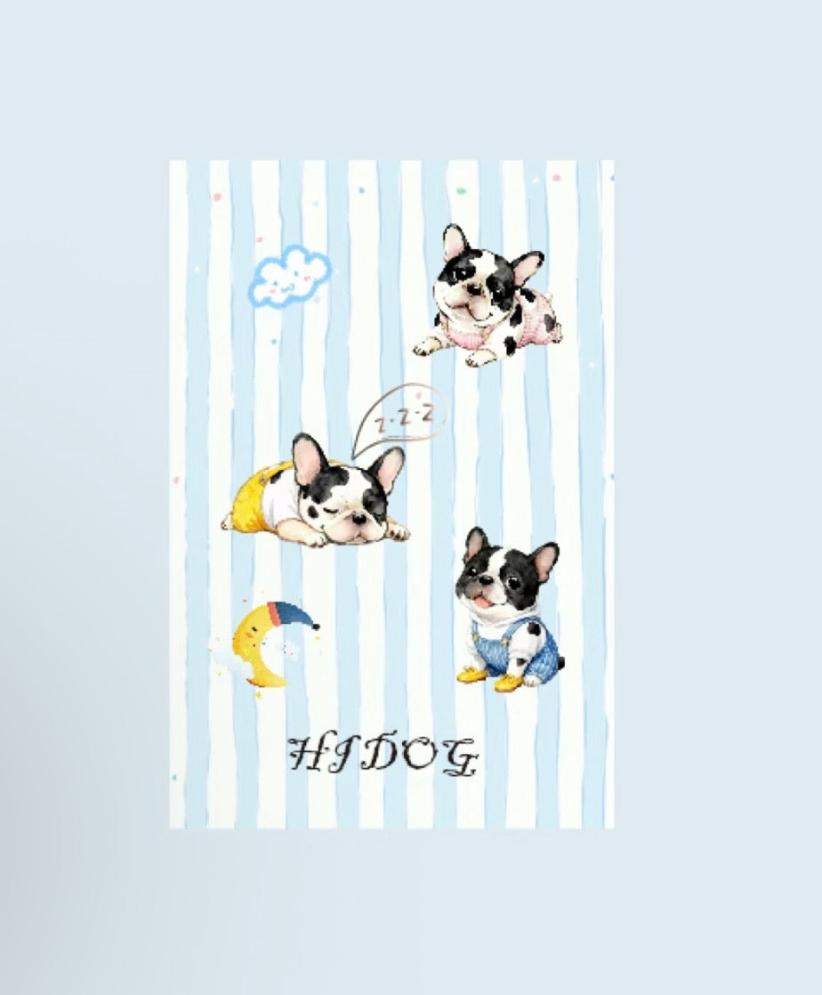 Cow Frenchie coral fleece blanket, blue and white stripes