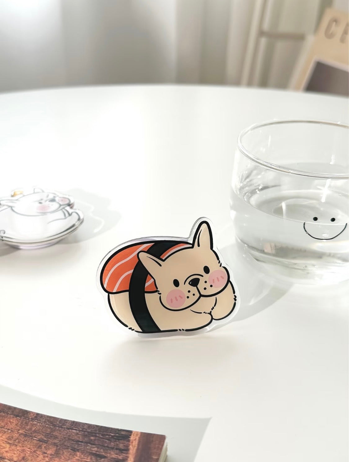 Sushi Frenchie acrylic phone grip close-up