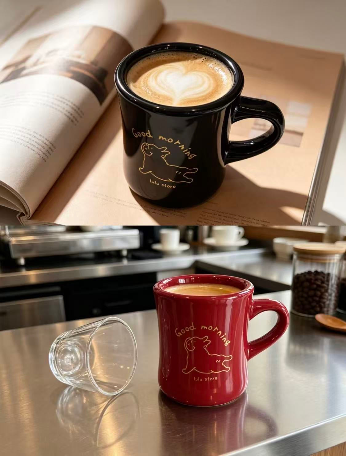 Black and red Good Morning Frenchie ceramic mugs