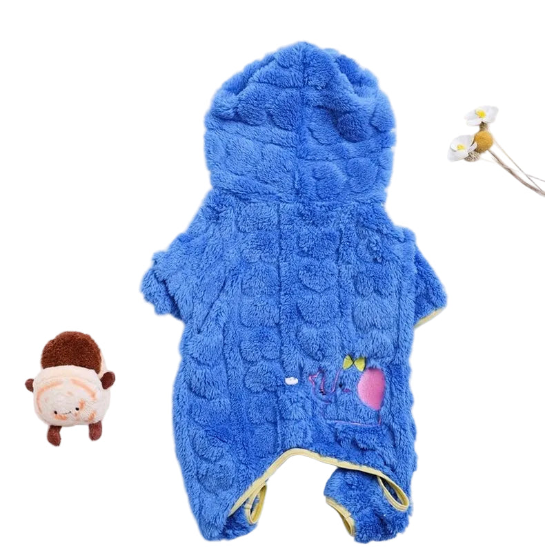 Blue plush fleece four-leg hoodie — back flat lay with cute elephant patch