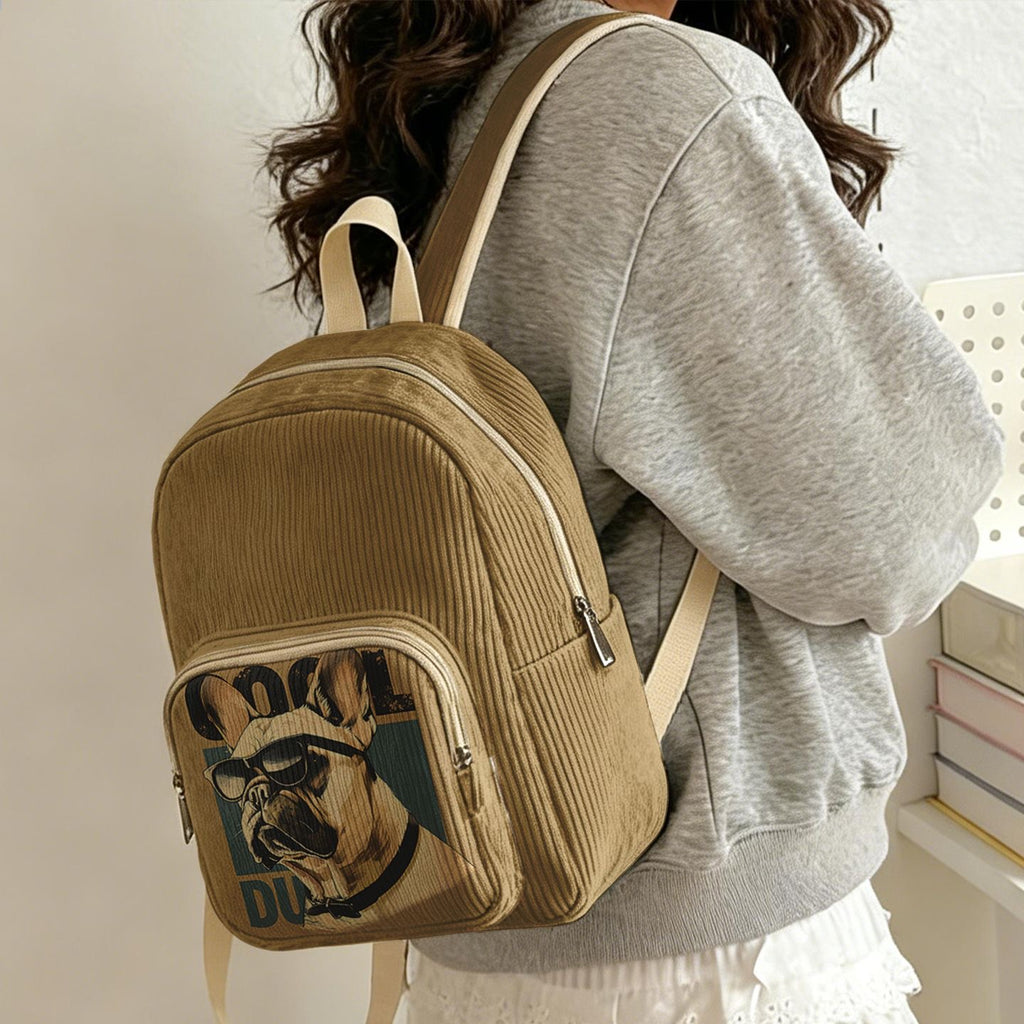 Mustard Frenchie Corduroy Mini Backpack worn — Cool Dude sunglasses print