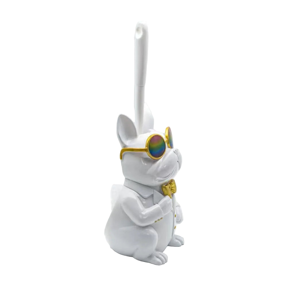 White Frenchie toilet brush holder — front solo with brush