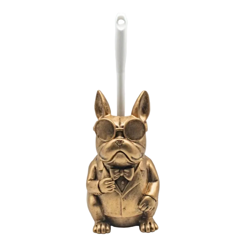 Gold Frenchie toilet brush holder — front solo with brush