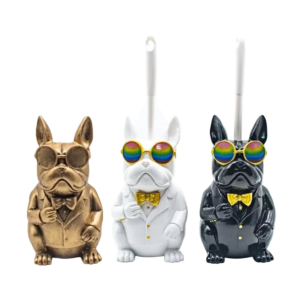 Frenchie toilet brush holder — Gold, White, and Black front view
