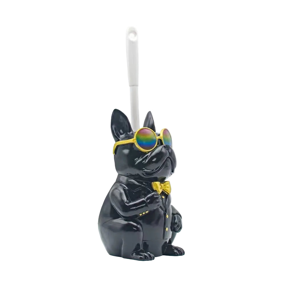 Black Frenchie toilet brush holder — front hero with brush, gold bow tie and rainbow sunglasses