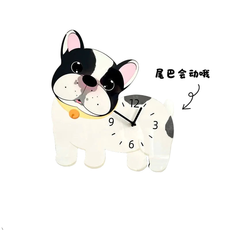 Pied Frenchie pendulum wall clock — wagging tail moves (尾巴会动哦)