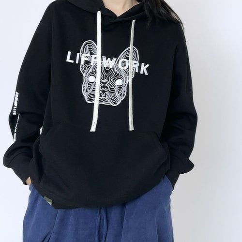 Black oversized Cool Frenchie graphic hoodie — on model