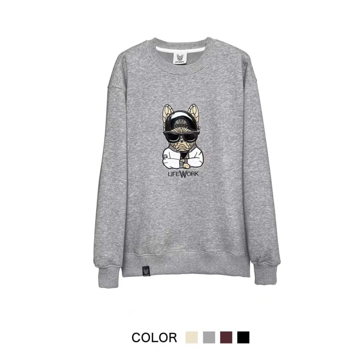 Heather Grey Cool Frenchie crew sweatshirt — flat lay with color swatches